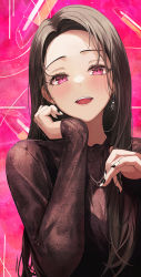 Rule 34 | 1girl, black shirt, blush, breasts, brown hair, cleavage, earrings, gongha, hands up, highres, jewelry, long hair, long sleeves, looking at viewer, nail polish, open mouth, original, pink background, pink eyes, see-through, shirt, smile, solo