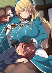 Rule 34 | 1boy, 1girl, admiral (kancolle), age difference, atago (kancolle), black gloves, blonde hair, blue eyes, breasts, brown eyes, brown hair, child, ear cleaning, fur collar, gloves, hat, highres, huge breasts, kantai collection, kloah, lap pillow, little boy admiral (kancolle), military, military uniform, mimikaki, naval uniform, onee-shota, pantyhose, uniform