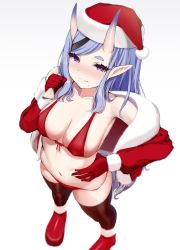 Rule 34 | 1girl, absurdres, bikini, blush, breasts, christmas, cleavage, closed mouth, collarbone, copyright request, covered erect nipples, fang, gloves, hat, highres, horns, large breasts, long hair, mole, mole under eye, navel, nijisanji, perspective, pointy ears, purple eyes, red bikini, red gloves, rindou mikoto, santa hat, simple background, skin-covered horns, skin fang, skindentation, solo, swimsuit, toshise., virtual youtuber, white background