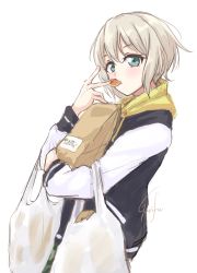 Rule 34 | 1girl, absurdres, aoba moca, bag, bang dream!, black jacket, closed mouth, commentary request, drawstring, eating, food, green eyes, grey hair, gurifu, hair between eyes, hand up, highres, hood, hood down, hooded jacket, jacket, long sleeves, looking at viewer, paper bag, plastic bag, signature, simple background, solo, track jacket, white background