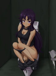 Rule 34 | 1girl, blush, breasts, cleavage, clothes pull, covering privates, covering crotch, embarrassed, long hair, medium breasts, mirai nikki, murata isshin, no panties, panties, pants, pants pull, panty pull, purple eyes, purple hair, sitting, solo, toilet, toilet stall, toilet use, underwear, uryuu minene