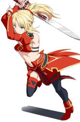 Rule 34 | 1girl, abs, arms up, bandeau, black legwear, blonde hair, bra, breasts, clarent (fate), detached sleeves, fate/apocrypha, fate/grand order, fate (series), full body, green eyes, high ponytail, holding, holding sword, holding weapon, long hair, looking at viewer, medium breasts, midriff, mordred (fate), mordred (fate/apocrypha), navel, red footwear, red scrunchie, scrunchie, shiseki hirame, simple background, solo, standing, standing on one leg, stomach, sword, underwear, weapon, white background