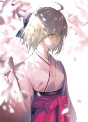 Rule 34 | 1girl, ahoge, black bow, blush, bow, breasts, cherry blossoms, closed mouth, commentary request, fate/grand order, fate (series), flower, fumi fumi (7837224), hair between eyes, hair bow, hakama, hakama skirt, highres, japanese clothes, kimono, koha-ace, lips, long sleeves, looking away, obi, okita souji (fate), okita souji (koha-ace), outdoors, petals, pink flower, pink hakama, pink kimono, sash, short hair, sidelocks, skirt, solo, wide sleeves, yellow eyes
