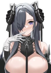 Rule 34 | 1girl, animal ears, august von parseval (azur lane), azur lane, bare shoulders, black sleeves, breasts, cat ears, cleavage, commentary request, cross, detached sleeves, fake animal ears, gloves, grey hair, hair between eyes, hair over one eye, hand up, highres, horns, huge breasts, iron cross, long hair, looking at viewer, parted lips, partial commentary, purple eyes, sakuramoti dai, sidelocks, simple background, smile, solo, standing, upper body, white background, white gloves