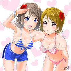 Rule 34 | 10s, 2girls, absurdres, bikini, blue bikini, blue eyes, blue shorts, breasts, brown hair, cleavage, crossover, flower, front-tie top, hair flower, hair ornament, hibiscus, highres, in-franchise crossover, koizumi hanayo, leaning forward, love live!, love live! school idol festival, love live! school idol project, love live! sunshine!!, multiple girls, murio, orange hair, pink bikini, polka dot, polka dot bikini, purple eyes, salute, short hair, shorts, smile, swimsuit, thigh gap, watanabe you
