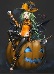 Rule 34 | 1girl, absurdres, bodysuit, boots, bra, character request, copyright request, covered navel, deluxe&lt;&lt;&lt;, demon horns, demon tail, demon wings, fangs, fingerless gloves, gloves, green hair, hat, highres, holding, holding wand, horns, long hair, machete, pointy ears, pumpkin, purple eyes, slit pupils, solo, tail, toeless footwear, underwear, wand, weapon, wings, witch hat