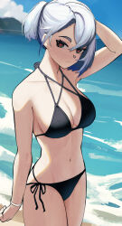 1girl arlecchino_(genshin_impact) arm_up beach bikini black_eyes black_hair black_ribbon breasts cleavage cross-shaped_pupils genshin_impact highres looking_at_viewer medium_breasts multicolored_hair ponytail red_pupils ribbon side-tie_bikini_bottom solo swimsuit symbol-shaped_pupils white_hair wristband yellow_glasses_(odivichno)