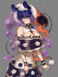 Rule 34 | 1girl, animal ears, bdsm, black nails, blue eyes, blue hair, bondage, bound, breasts, chain, chain necklace, chained wrists, cleavage, collar, doremy sweet, eyelashes, hat, highres, large breasts, legacy of lunatic kingdom, looking at viewer, nail polish, necklace, pom pom (clothes), santa hat, short hair, simple background, skirt, smile, solo, tail, touhou, yuuren kyouko