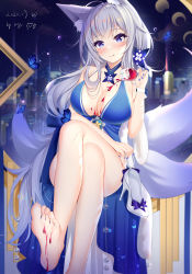 Rule 34 | ahoge, alcohol, animal ear fluff, animal ears, azur lane, bare shoulders, barefoot, blue butterfly, blue dress, breasts, bug, butterfly, cleavage, crossed legs, cup, dress, drinking glass, evening gown, feet, fox ears, full body, hair ornament, highres, insect, kitsune, large breasts, light blush, long hair, looking at viewer, miaogujun, multiple tails, nail polish, pouring, pouring onto self, purple eyes, shinano (azur lane), shinano (dreams of the hazy moon) (azur lane), soles, solo, spill, tail, toes, white hair, wine, wine glass