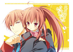 Rule 34 | 1boy, 1girl, bow, brother and sister, brown hair, little busters!, long hair, natsuki coco, natsume kyousuke, natsume rin, pink bow, ponytail, pout, red eyes, school uniform, short hair, siblings
