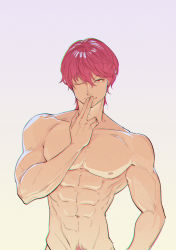 Rule 34 | 1boy, ;), abs, absurdres, closed mouth, completely nude, finger to mouth, gradient background, hair between eyes, hand up, highres, hisoka morow, hunter x hunter, kariki hajime, looking at viewer, male focus, male pubic hair, muscular, muscular male, navel, nipples, nude, one eye closed, out-of-frame censoring, pink hair, pubic hair, red eyes, red hair, short hair, smile, solo