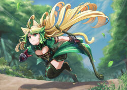 Rule 34 | 1girl, absurdres, ahoge, animal ears, atalanta (fate), blonde hair, blue sky, bow (weapon), breasts, cat ears, cat tail, cleavage, fate/apocrypha, fate (series), forest, gloves, grass, green eyes, green hair, green thighhighs, highres, holding, holding bow (weapon), holding weapon, leaf, long hair, morino fukurou, multicolored hair, nature, outdoors, running, sky, small breasts, smile, solo, tail, thighhighs, two-tone hair, weapon