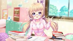 Rule 34 | 1girl, ahoge, blue eyes, blue sky, book, book stack, breasts, bulletin board, collarbone, curtains, day, dot nose, film grain, finger gun, frilled pillow, frills, game cg, glasses, hair ornament, hair scrunchie, hairclip, heart, hood, hoodie, indoors, itsumura haruka, izumi tsubasu, lens flare, light brown hair, long sleeves, low twintails, medium breasts, non-web source, notebook, official art, open book, open mouth, partially unzipped, pen, picture frame, pillow, pink hoodie, pink shirt, polka dot, poster (object), re:stage!, round table, scrunchie, shirt, sky, smile, solo, sparkle, studying, table, tree, twintails, white scrunchie, window
