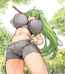 Rule 34 | 1girl, bike shorts, breasts, from below, green hair, hand on own hip, high ponytail, holding, huge breasts, impossible clothes, impossible shirt, impossible tank top, long hair, midriff, navel, open mouth, original, perky breasts, ponytail, sachito, shirt, solo, standing, sumi-chan (sachito), sword, thick thighs, thighs, very long hair, weapon, yellow eyes