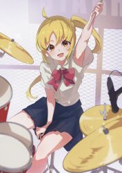 Rule 34 | 1girl, :d, ahoge, arm up, armpits, between legs, blonde hair, blue skirt, bocchi the rock!, bow, bowtie, cymbals, drum, drum set, drumsticks, hand between legs, highres, holding, holding drumsticks, ijichi nijika, instrument, light particles, looking at viewer, microphone, open mouth, orange eyes, red bow, red bowtie, school uniform, shirt, short sleeves, side ponytail, sidelocks, sitting, skirt, smile, solo, white shirt, yakousei a