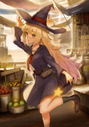 Rule 34 | 1girl, bird, black legwear, blonde hair, blue dress, blue eyes, brown footwear, chick, commentary, dress, english commentary, flipped hair, food, from side, fruit, hat, highres, holding, holding wand, leg up, loafers, long hair, open mouth, original, outdoors, pouch, redstealth, sailor collar, shoes, socks, standing, standing on one leg, star wand, very long hair, wand, witch, witch hat