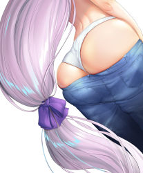 Rule 34 | 1girl, ass, ass focus, blue pants, bow, denim, dutch angle, fate/grand order, fate (series), hair bow, highres, jeans, kariza, long hair, low-tied long hair, low ponytail, lower body, medusa (fate), medusa (rider) (fate), panties, pants, panty pull, purple bow, simple background, solo, underwear, very long hair, wedgie, white background, white panties