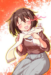 Rule 34 | 1girl, artist logo, brown eyes, brown sweater, closed eyes, commentary request, dated, feet out of frame, furutaka (kancolle), grey skirt, highres, kantai collection, kutone shirika, official alternate costume, open mouth, scarf, shirt, short hair, skirt, smile, solo, sweater, white scarf, white shirt