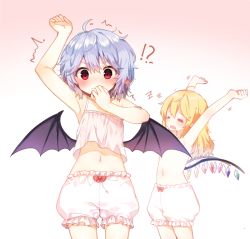 Rule 34 | !?, 2girls, ahoge, armpits, arms up, bad id, bad pixiv id, bat wings, blonde hair, bloomers, blue hair, blush, camisole, censored, convenient censoring, crystal, drooling, closed eyes, flandre scarlet, flat chest, light purple hair, long hair, looking at viewer, multiple girls, navel, pointy ears, red eyes, remilia scarlet, shnva, short hair, siblings, simple background, sisters, sleeping, stretching, surprised, topless, touhou, underwear, underwear only, white bloomers, wing censor, wings