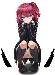 Rule 34 | 1girl, :o, black footwear, black gloves, blue eyes, blush, boots, head rest, closers, combat knife, full body, gloves, head tilt, knee boots, knife, lhu (barappra1), looking at viewer, panties, pink hair, planted, seulbi lee, side ponytail, sleeves past wrists, solo, squatting, underwear, weapon, white background, white panties