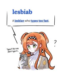 Rule 34 | ?, blush, braid, cellphone, closed mouth, commentary, english text, gloves, green eyes, haihaiera, holding, holding phone, long hair, orange hair, phone, reverse:1999, side braid, simple background, smartphone, sonetto (reverse:1999), spoken question mark, two side up, upper body, white background, white gloves