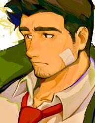 Rule 34 | 1boy, ace attorney, bandaid, bandaid on cheek, bandaid on face, brown eyes, brown hair, closed mouth, collared shirt, dick gumshoe, facial hair, frown, jacket, looking to the side, male focus, messyinklines, necktie, shirt, short hair, sideburns, solo, stubble, upper body