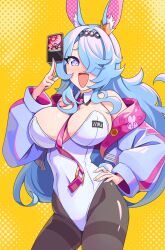 Rule 34 | 1girl, animal ears, astral party, bare shoulders, between breasts, bird, blue hair, blue jacket, breasts, card, cleavage, covered navel, crow, crown, detached collar, hair ornament, hair over one eye, hand on own hip, highleg, highleg leotard, highres, holding, holding card, jacket, large breasts, leotard, long hair, long sleeves, mimi (astral party), mini crown, necktie, necktie between breasts, one eye covered, open clothes, open jacket, open mouth, pankeiki, pantyhose, playboy bunny, rabbit ears, rabbit girl, rabbit tail, smile, solo, tail, white leotard, yellow background