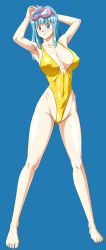 Rule 34 | 1girl, armpits, arms behind head, barefoot, blue background, blunt bangs, blush, breasts, breasts apart, casual one-piece swimsuit, covered erect nipples, diving mask, diving mask on head, dragon ball, feet, full body, goggles, goggles on head, highleg, highleg swimsuit, highres, impossible clothes, impossible swimsuit, large breasts, legs apart, linea alba, long hair, looking at viewer, maron (dragon ball), nipples, noriheita, one-piece swimsuit, simple background, skin tight, smile, solo, standing, swimsuit, yellow one-piece swimsuit