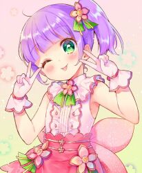 Rule 34 | 1girl, bare shoulders, blush, center frills, commentary request, cosplay, double v, flat chest, flower, frills, gloves, green eyes, hair flower, hair ornament, kanon (pripara), kanon (pripara) (cosplay), looking at viewer, manaka non, one eye closed, pink background, pink flower, pink skirt, pretty series, pripara, purple hair, shirt, short hair, side ponytail, skirt, smile, solo, tongue, tongue out, touyama soboro, v, v over eye, white gloves, white shirt