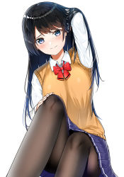 Rule 34 | 1girl, arm up, bad id, bad pixiv id, beige sweater vest, black hair, black pantyhose, blue eyes, blue skirt, blush, breasts, brown sweater vest, closed mouth, collared shirt, commentary request, dress shirt, hand in own hair, hand on own knee, highres, knee up, large breasts, long hair, long sleeves, looking at viewer, original, pantyhose, pleated skirt, red neckwear, school uniform, shirt, simple background, sitting, skirt, solo, straight hair, suzuharu toufu, sweater vest, white background, white shirt
