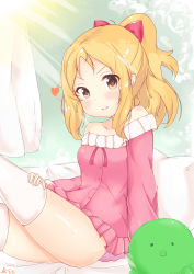 Rule 34 | 10s, 1girl, absurdres, ass, bare shoulders, blonde hair, bottomless, bow, brown eyes, drill hair, eromanga sensei, frills, hair bow, heart, highres, leg up, long hair, looking at viewer, on bed, pajamas, pillow, pointy ears, ponytail, smile, solo, stuffed animal, stuffed octopus, stuffed toy, thighhighs, tiguruvurumudo vuorun, white thighhighs, yamada elf