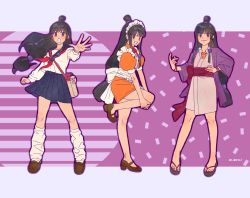 Rule 34 | 1girl, ace attorney, apron, arm up, artist name, back bow, bag, black eyes, black hair, blue sailor collar, blue skirt, blush, bow, bowtie, brown footwear, clenched hand, closed mouth, dated, feet, female focus, flat chest, frilled apron, frills, godzillapigeon1, hair ornament, hand on own hip, hand up, haori, happy, high heels, highres, interlocked fingers, japanese clothes, jewelry, kimono, kneehighs, leg up, legs apart, long hair, long sleeves, looking at viewer, loose socks, low-tied long hair, magatama, magatama necklace, maid apron, maid headdress, matching hair/eyes, maya fey, miniskirt, multiple views, neckerchief, necklace, open mouth, outstretched arm, own hands together, phoenix wright: ace attorney - trials and tribulations, pleated skirt, puffy short sleeves, puffy sleeves, purple background, purple outline, reaching, reaching towards viewer, red bow, red bowtie, red neckerchief, sailor collar, sandals, sash, school uniform, serafuku, shirt, shoes, short sleeves, shoulder bag, sidelocks, signature, skirt, smile, socks, standing, standing on one leg, steel samurai, topknot, white apron, white kimono, white shirt, white socks, wide sleeves