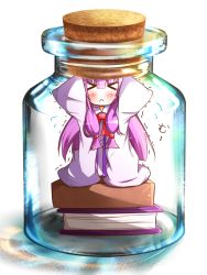 Rule 34 | &gt; &lt;, 1girl, :&lt;, \o/, arms up, blush, book stack, chibi, cork, dress, ehimedaisuki, closed eyes, female focus, in container, jar, long hair, outstretched arms, patchouli knowledge, purple hair, pushing, solo, touhou, trembling, warabi mochi (ehimedaisuki), wide sleeves