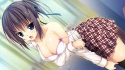 Rule 34 | 1girl, bare shoulders, black hair, black thighhighs, blue eyes, bra, breasts, cleavage, dutch angle, game cg, ganjouin atsu, hair ornament, hair ribbon, large breasts, leaning forward, long sleeves, natsu no osananajimi to fuyu no kanojo, nozomi tsubame, off shoulder, open mouth, plaid, plaid skirt, pleated skirt, ribbon, skirt, solo, standing, strap slip, thighhighs, underwear, undressing
