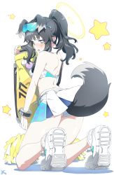 Rule 34 | 1girl, absurdres, animal ears, back, bag, ball, bare arms, bare legs, bare shoulders, black hair, blue archive, blush, bracelet, breasts, crop top, dog ears, dog tail, extra ears, full body, goggles, goggles on head, golf ball, halo, hibiki (blue archive), hibiki (cheer squad) (blue archive), highres, holding, holding bag, jewelry, kneeling, lifted by tail, long hair, looking at viewer, makicha (sasurainopink), millennium cheerleader outfit (blue archive), miniskirt, panties, pantyshot, parted lips, pom pom (cheerleading), ponytail, shoes, sidelocks, skirt, solo, star (symbol), tail, underwear, white background, white footwear, white panties