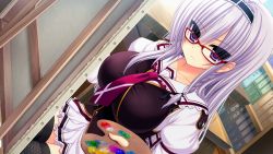 Rule 34 | 1girl, blush, breasts, collarbone, game cg, glasses, huge breasts, legs, long hair, looking away, necktie, painting (action), purple eyes, purple hair, school uniform, serious, sitting, skirt, solo, syroh, thighs, yakimochi stream