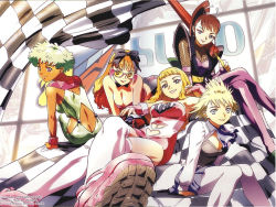 Rule 34 | 1990s (style), 5girls, aoi zip campaign girl, ass, blonde hair, breasts, brown hair, cleavage, cyberformula, dark skin, dark-skinned female, elbow gloves, eyeshadow, fishnets, flag, future gpx cyber formula, glasses, gloves, green hair, heart, hisayuki hirokazu, japanese clothes, large breasts, lipstick, makeup, medium breasts, missing link campaign girl, multiple girls, race queen, sitting, smile, storm zender campaign girl, sugo grand prix campaign girl, tabi, thighhighs, umbrella, union savior campaign girl
