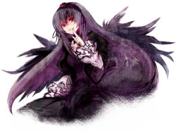 Rule 34 | 00s, 1girl, black hair, black wings, cowboy shot, frilled sleeves, frills, hairband, lolita hairband, long hair, long sleeves, looking at viewer, red eyes, rozen maiden, simple background, solo, suigintou, very long hair, white background, wings, yonko