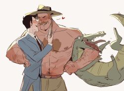 Rule 34 | 2boys, abs, alligator, arm hair, bara, black hair, blonde hair, blush, carrying, carrying under arm, citrus0lemon, closed eyes, couple, cowboy hat, cowboy shot, crocodilian, grey background, hand on another&#039;s back, hat, heart, highres, large pectorals, long sideburns, looking at another, male focus, mature male, mr. bidwell, multiple boys, muscular, muscular male, mustache, pectorals, saxton hale, seductive smile, short hair, sideburns, simple background, size difference, smile, team fortress 2, thick chest hair, thick mustache, topless male, yaoi