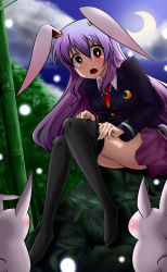 Rule 34 | 1girl, adjusting clothes, adjusting legwear, animal ears, blazer, rabbit, rabbit ears, byoubyou, crescent, crescent moon, female focus, highres, jacket, moon, necktie, purple hair, red eyes, reisen udongein inaba, solo, tears, thighhighs, thighhighs pull, touhou