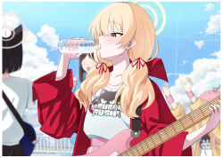 Rule 34 | 4girls, airi (blue archive), animal ears, black hair, blonde hair, blue archive, bottle, cat ears, colored inner hair, day, drinking, electric guitar, guitar, hair ribbon, halo, highres, holding, holding bottle, instrument, jacket, kazusa (blue archive), long hair, long sleeves, multicolored hair, multiple girls, natsu (blue archive), official alternate costume, open clothes, open jacket, outdoors, pink hair, pink halo, red jacket, red ribbon, ribbon, shirt, short hair, tress ribbon, white shirt, yamada seimei, yellow eyes, yellow halo, yoshimi (blue archive)