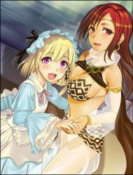 Rule 34 | 2girls, :d, bare shoulders, bikini, blonde hair, blush, breasts, character request, circlet, cleavage, copyright request, earrings, holding hands, hoop earrings, jewelry, large breasts, long hair, looking at viewer, multiple girls, navel, open mouth, oretoreon, purple eyes, red eyes, red hair, see-through, sideboob, smile, swimsuit