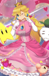 Rule 34 | 1girl, blonde hair, blue eyes, breasts, doseisan, dress, earrings, heart, heart-shaped pupils, highres, jewelry, large breasts, looking at viewer, luma (mario), magister, mario (series), medium breasts, mother (game), nintendo, one eye closed, pink dress, princess peach, smile, solo, super star (mario), super smash bros., symbol-shaped pupils, turnip, umbrella, wink