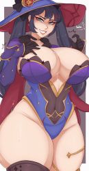 Rule 34 | 1girl, anger vein, black hair, breasts, choker, cleavage, covered navel, curvy, elbow gloves, genshin impact, gloves, green eyes, hat, highres, huge breasts, leotard, lips, long hair, long sleeves, looking at viewer, mona (genshin impact), smile, solo, spookiebuni, suggestive fluid, sweat, thick thighs, thighhighs, thighs, twintails, wide hips, witch hat