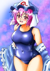 Rule 34 | 1girl, absurdres, blue background, blue kimono, blush, d-m (dii emu), hat, highres, japanese clothes, kimono, long sleeves, looking at viewer, mob cap, old school swimsuit, one-piece swimsuit, open mouth, pink background, pink eyes, pink hair, saigyouji yuyuko, school swimsuit, short hair, smile, solo, swimsuit, touhou, triangular headpiece, two-tone background, undressing, wavy hair, wide sleeves