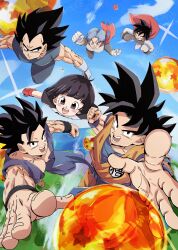 Rule 34 | 1girl, 5boys, absurdres, black bodysuit, black eyes, black hair, black helmet, blue eyes, blue hair, blue pants, blue sash, blue shirt, blue undershirt, blush stickers, bob cut, bodysuit, brothers, cape, chiro illust, dougi, dragon ball, dragon ball (object), dragon ball super, dragon ball super broly, father and daughter, father and son, flying, helmet, highres, holding, holding helmet, looking at viewer, looking back, medium hair, midair, multiple boys, muscular, muscular male, orange pants, orange shirt, pan (dragon ball), pants, purple shirt, red cape, red scarf, sash, scarf, shirt, short hair, siblings, sleeveless, sleeveless shirt, son gohan, son goku, son goten, vegeta, white bodysuit, white helmet