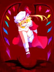 Rule 34 | 1girl, bad id, bad pixiv id, blonde hair, blouse, female focus, flandre scarlet, hat, mob cap, red background, red eyes, shion (mamuring), shionty, shirt, solo, touhou, white hat, white shirt, wings
