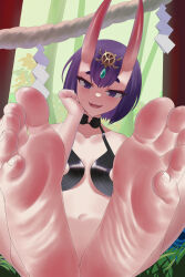Rule 34 | 1girl, bare shoulders, barefoot, blush, breasts, collarbone, conejologia, eyeliner, fate/grand order, fate (series), feet, headpiece, highres, horns, looking at viewer, makeup, navel, oni, open mouth, purple eyes, purple hair, revealing clothes, short hair, shuten douji (fate), skin-covered horns, small breasts, smile, soles, solo, toes