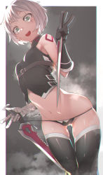 Rule 34 | 1girl, bandaged arm, bandages, bare shoulders, black gloves, black panties, black thighhighs, breasts, dagger, dual wielding, fate/apocrypha, fate (series), gloves, green eyes, highres, holding, holding weapon, jack the ripper (fate/apocrypha), knife, navel, open mouth, panties, scar, scar across eye, scar on face, short hair, single glove, solo, thighhighs, tostos, underwear, v, weapon, white hair