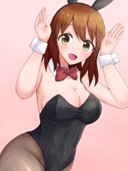Rule 34 | 1girl, aburami panda, animal ears, black leotard, bow, bowtie, breasts, brown eyes, brown hair, brown pantyhose, bunny day, cleavage, commentary request, detached collar, highres, large breasts, leotard, looking at viewer, original, pantyhose, playboy bunny, rabbit ears, red bow, red bowtie, short hair, solo, wrist cuffs